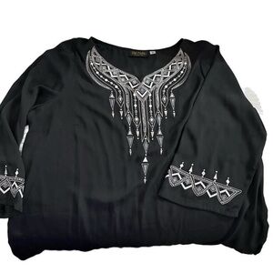 Bob Mackie Plus Size Wearable Art Black Beaded Trim Pullover Long Sleeve Top 1X